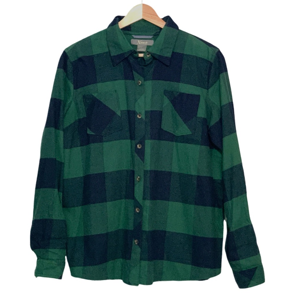 Natural Reflections Green Plaid Button Down Flannel Shirt Roll Tab Sleeve Medium